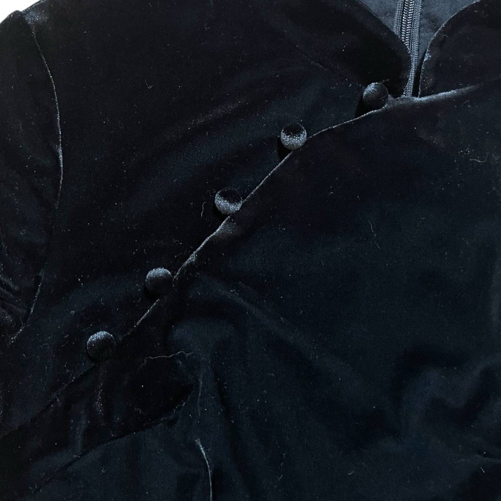 S Black Velvet Mandarin Collar Peplum Top Asian Inspired Back Zip - Picture 12 of 12